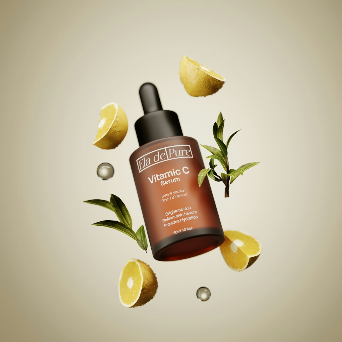 Sérum Vitamina C 20% con dropper sobre limón